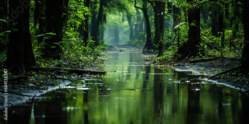 Swamp forest with a light mist. Quagmire in the spring green forest. Generative AI