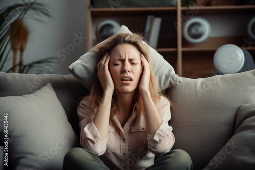 Loud Neighbors Driving Me Crazy! - Unhappy Woman Suffering from Headache Covering Ears with Pillows Due to Bad Music and Noisy Neighbors at Home