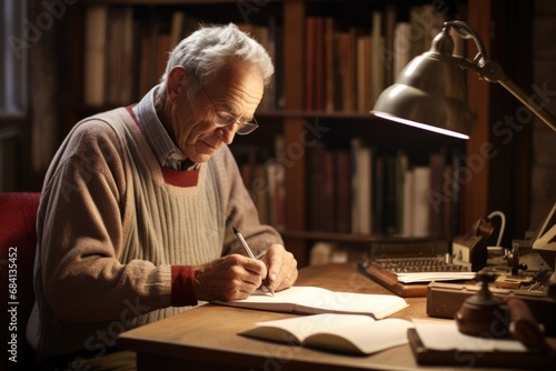 Senior Man Writing Memoirs in Book at Home Office Desk - Horizontal Image of an Elderly Man Sitting Indoors and Recording His Memoirs in a Book