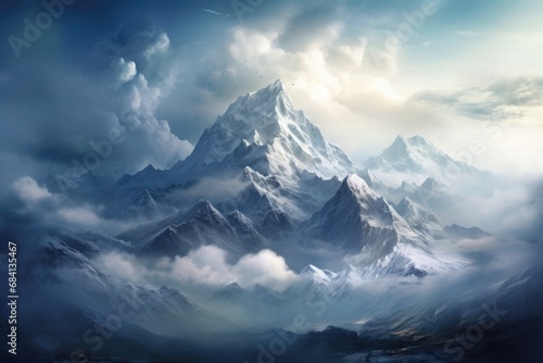 Majestic Mountain Majesty in Scenic Wilderness - Surreal Clouds Encircle Rugged Peak