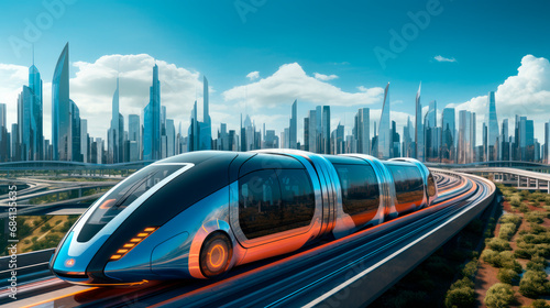 Futuristic Rail Shuttle Through Cities. Modern Hi-Speed Passenger Train.