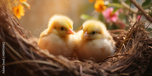 Two small cute newborn baby chicks in a nest on a blur background  photo