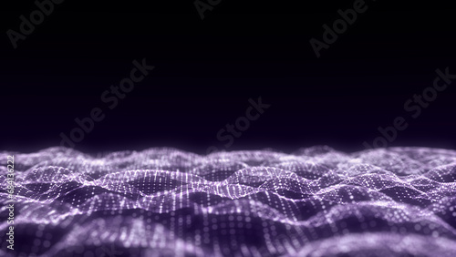 Abstract technology wave with motion glowing dots. Dark cyberspace in digital background. Connection big data. Futuristic wireframe texture. Dynamic analysis a network connection. 3D rendering.