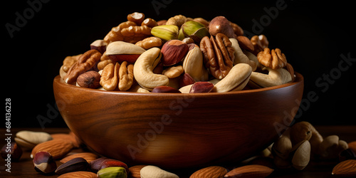 There are many nuts placed o the table in wood bowl with different tasty nuts of healthy food on a dark background 