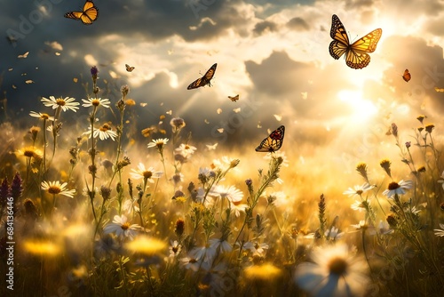 golden sunset in the sky with butterflies