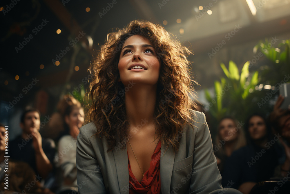 Portrait of stylish caucasian woman with lights on background