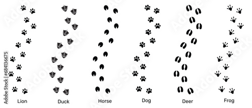 Lion, Deer, Duck, Horse, Dog and Frog black foot print animals. Illustration background design. photo