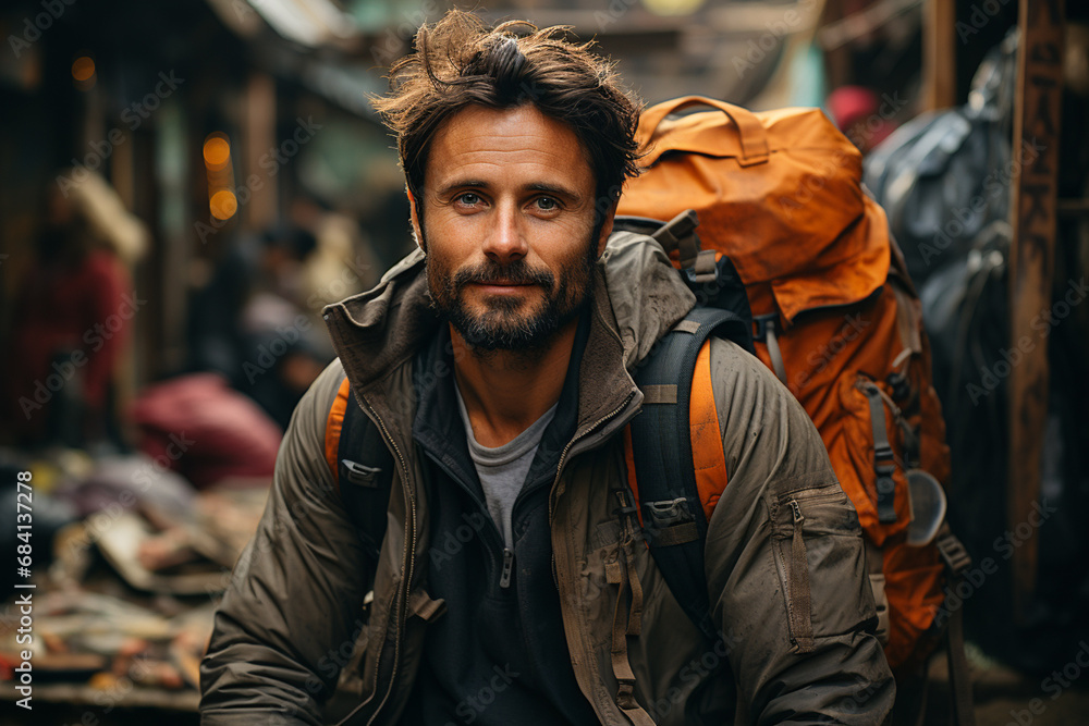 Adult male backpacker in outdoor in rainy day of autumn Adult male backpacker in outdoor in rainy day of autumn