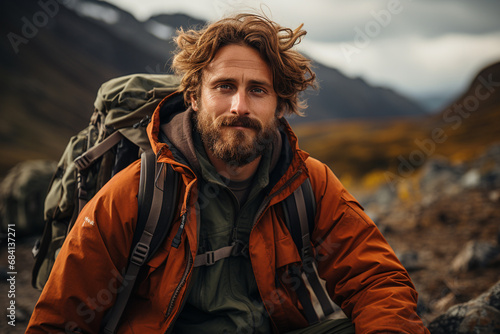 Adult male backpacker in outdoor in rainy day of autumn