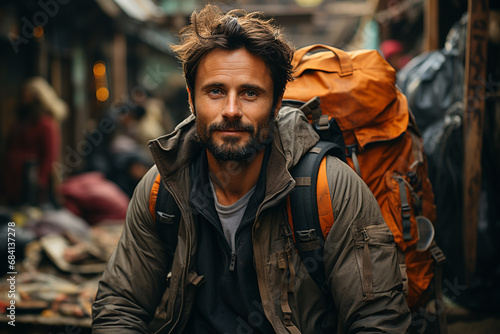 Adult male backpacker in outdoor in rainy day of autumn