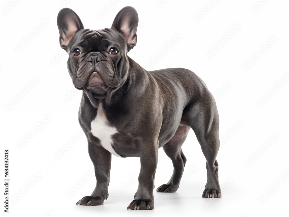 Purebred dog of French bulldog breed in full height. Isolated on a white background.