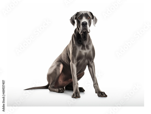 Purebred dog of the breed Deutsche Dogge in full size. Isolated on a white background.