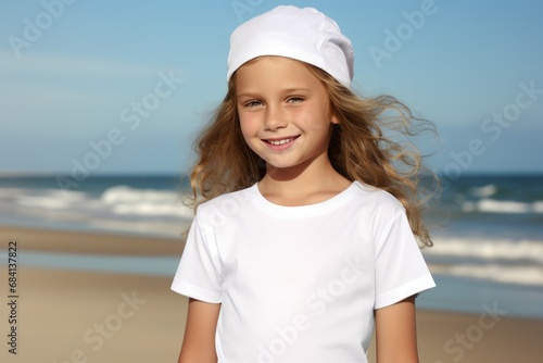 White blank t shirt mock up. Girl on the beach © dashtik