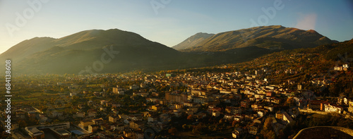 Golden panoramic sunset over Celano, L'Aquila, Abruzzo, Italy