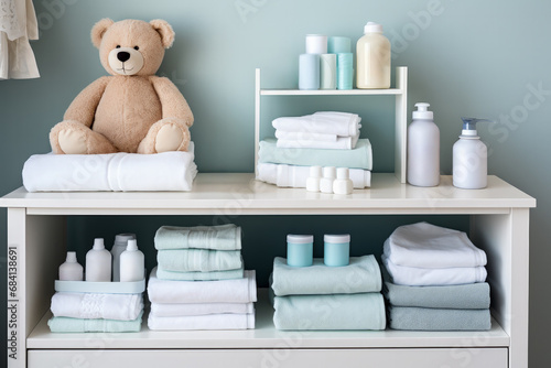 Baby care essentials: lotion powder diapers on nursery changing table  photo