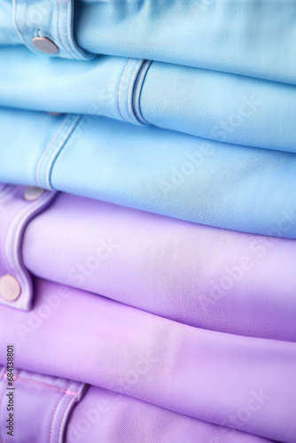 Close-up of fashion details of trendy jeans in pastel delicate color. Texture of denim fabric, fragment of fashionable pants of pastel palette color.