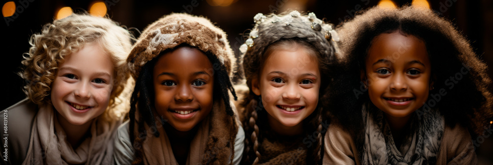 Diverse children smiling joyfully during Christmas celebrations 