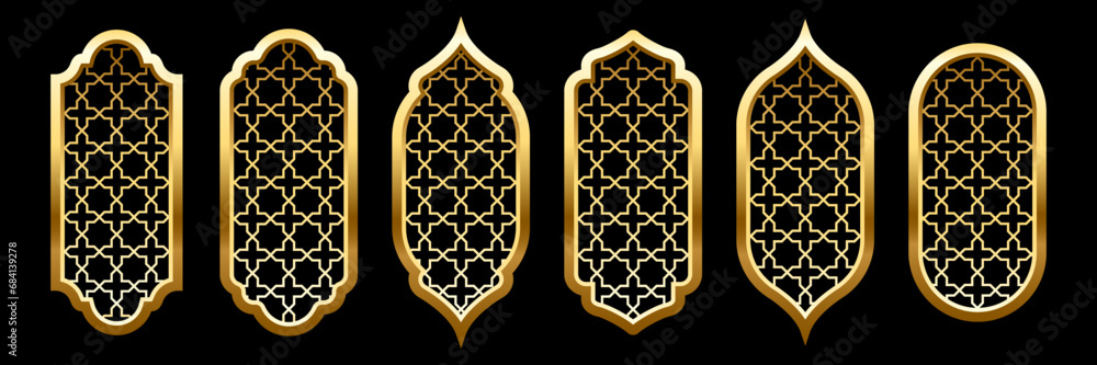 Collection of islam windows with pattern vector illustration isolated on black background. Oriental ornament, traditional Arabian design elements of decor, muslim gold frame