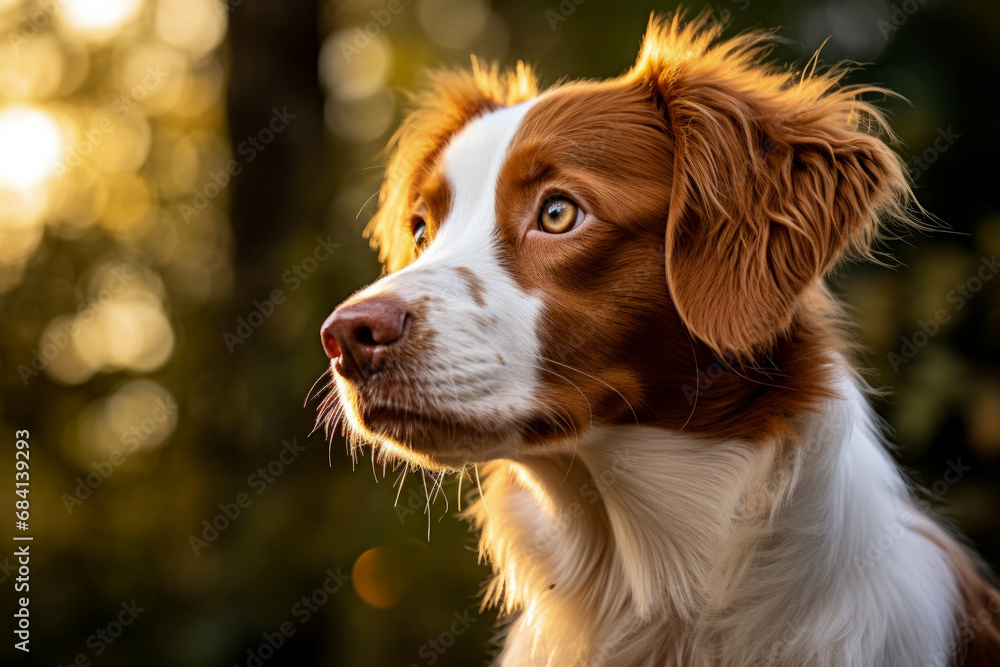 Dog sits attentively gazes sideways with curiosity 