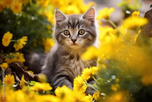Adorable Kitten Playing in a Vibrant Garden of Yellow Blooms: Perfect Picture for Cat & Nature Lovers Generative AI