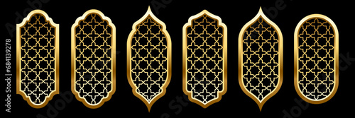 Collection of islam windows with pattern vector illustration isolated on black background. Oriental ornament, traditional Arabian design elements of decor, muslim gold frame