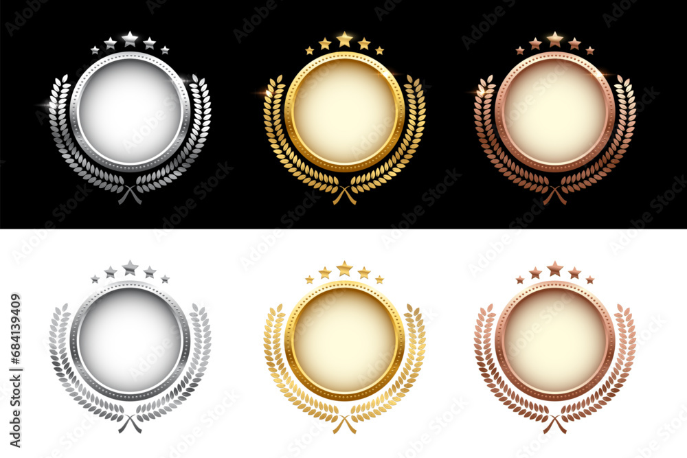 Set of shiny circle medals, laurel wreath with stars vector illustration. Chrome shining round badge prize for winner, award trophy nominee luxury symbol on black and white background Set of shiny circle medals, laurel wreath with stars vector illustration. Chrome shining round badge prize for winner, award trophy nominee luxury symbol on black and white background