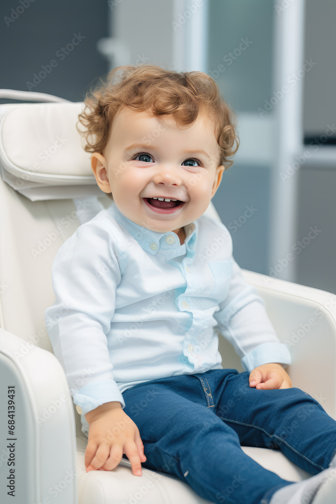 Сute smiling child sits in a modern dentist chair of kids dentistry clinic. Dentist for children, modern dental clinic, vertical banner. Сute smiling child sits in a modern dentist chair of kids dentistry clinic. Dentist for children, modern dental clinic, vertical banner.