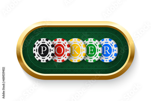Poker green table background vector illustration. Realistic playing field with colored chips for game blackjack on white background. Casino concept