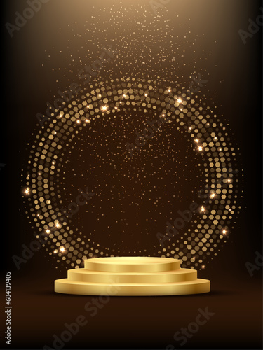 Golden podium with circle ring and glitter. Shining abstract background with gold elements. Yellow shiny circular stage. Modern futuristic graphic vector illustration. Glowing decoration