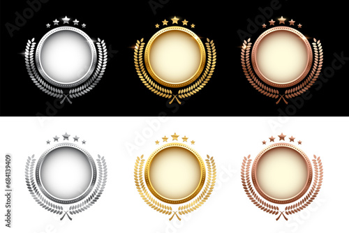 Set of shiny circle medals, laurel wreath with stars vector illustration. Chrome shining round badge prize for winner, award trophy nominee luxury symbol on black and white background photo