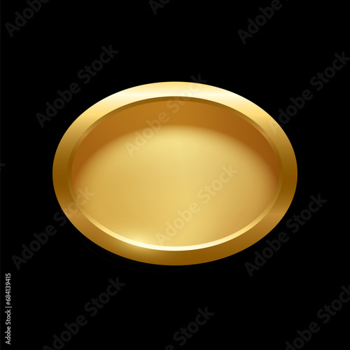 Gold ellipse shape button with frame vector illustration. 3d golden glossy elegant design for empty oval emblem, medal or badge, shiny and gradient light effect on plate isolated on black background