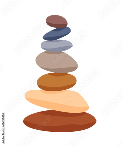 Meditation stone balance pyramid vector illustration. Stacked pebbles pastel colors object isolated in white background