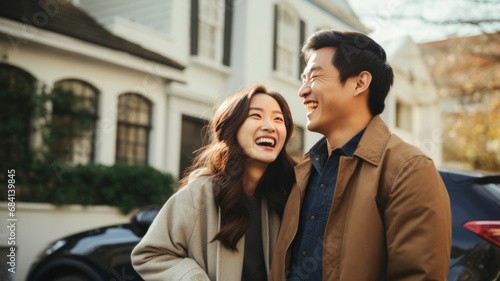 Happy Asian family standing and laughing together in front of the new car and the new big luxury house background. Couple relationship concept. photo