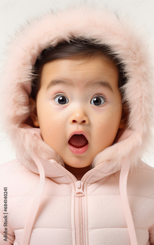 A beautiful Asian baby with amazed eyes and wide open mouth, dressed in a winter pink coat A beautiful Asian baby with amazed eyes and wide open mouth, dressed in a winter pink coat