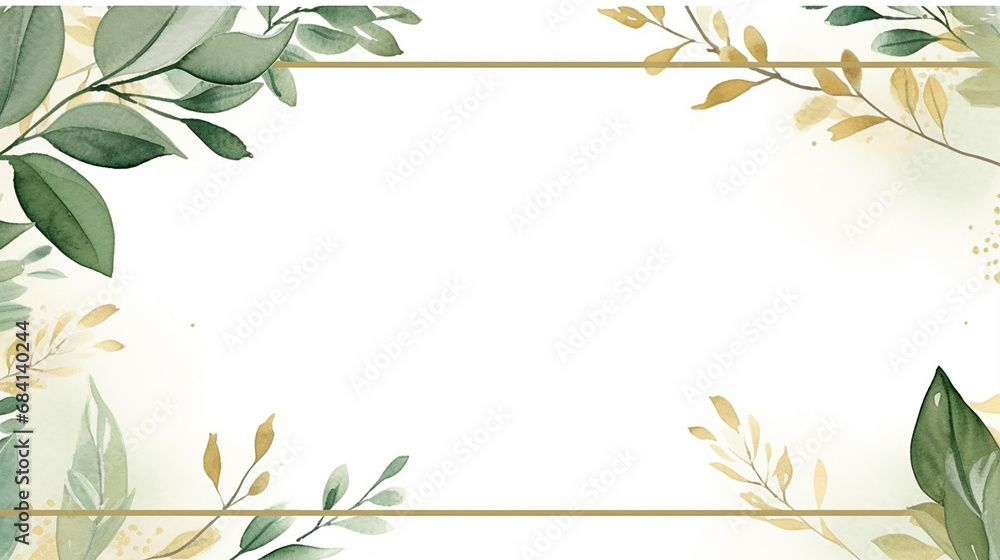 Green leaves watercolor background invitation template, greeting card, ppt, wedding.