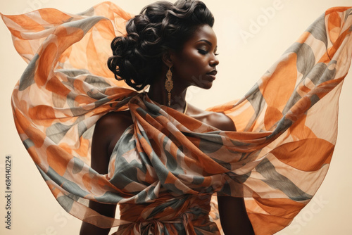 Elegant blacks woman with flowing fabric,silk cloth dances in the wind.