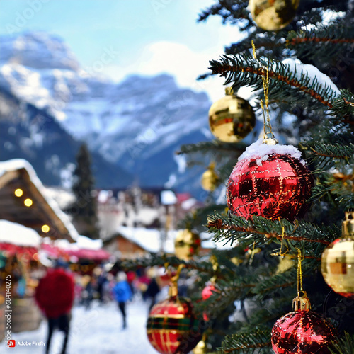 Albero di Natale con addobbi natalizi e luci in piazza con mercatino di Natale, sullo sfondo montagne innevate photo