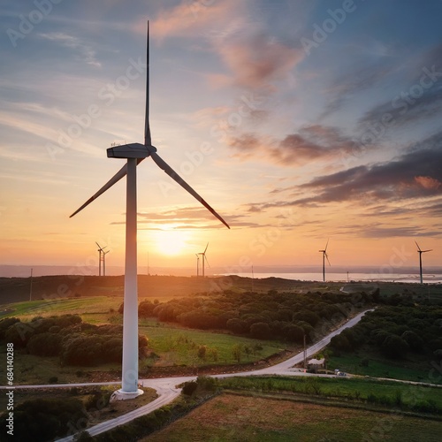 Traliccio con pala eolica, paesaggio costiero al tramonto photo