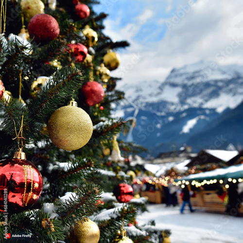 Albero di Natale con addobbi natalizi e luci in piazza con mercatino di Natale, sullo sfondo montagne innevate