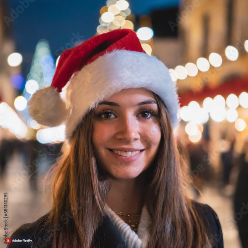 Ritratto di giovane donna sorridente con cappello natalizio, di sfondo un mercatino illuminato di notte