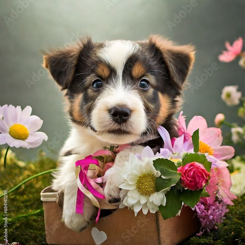 Cucciolo di cane in un cestino con fiori in primavera, sfondo sfuocato astratto photo