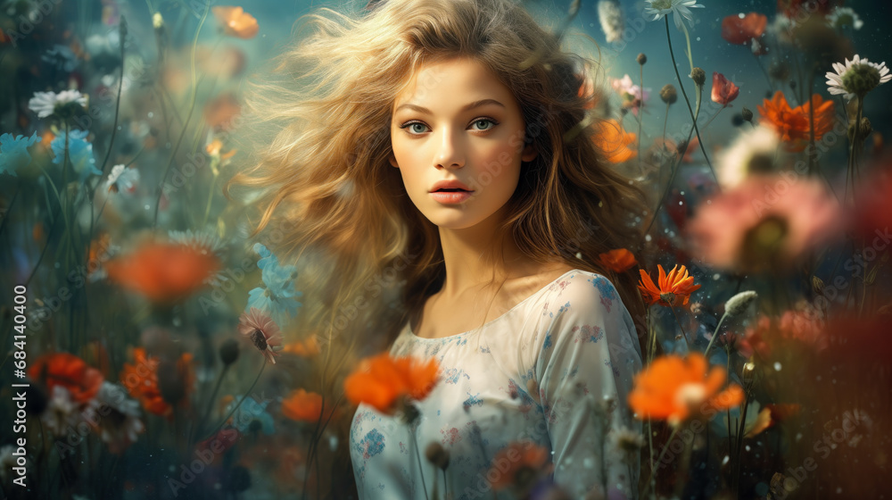 Beautiful girl in flowers. Girl on a background of flowers.