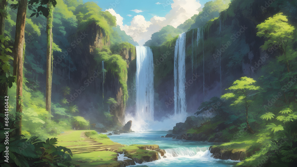 Waterfall in the Forest in Anime Style