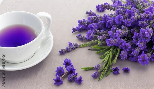 Fresh delicious tea with lavender and lavender flowers on gray stone table