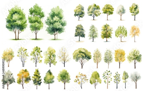 watercolor style illustration of various type of trees  summer and autumn collection set isolated on white background  Generative Ai