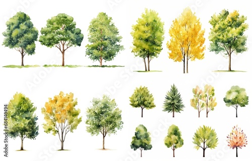 watercolor style illustration of various type of trees, summer and autumn collection set isolated on white background, Generative Ai