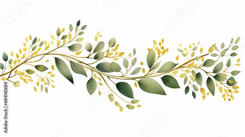 herbal branch. green and gold watercolor leaves. Wedding concept background. 