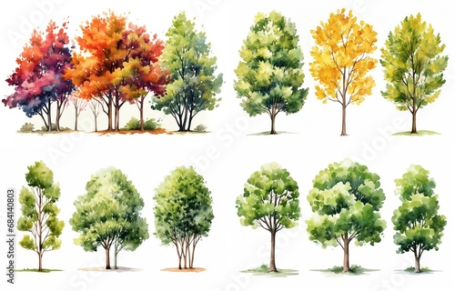watercolor style illustration of various type of trees  summer and autumn collection set isolated on white background  Generative Ai