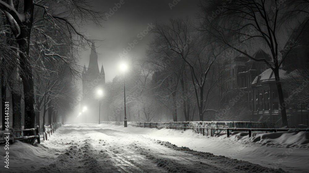 Obraz premium Dark Lighted Road In The Snow In Winter. Black And White Art. Serene And Strange Atmosphere. Press Photo Concept