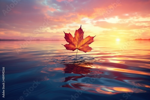 Vibrant fall leaf floating on water, reflecting the warm hues of a breathtaking sunset. Mesmerizing blend of colors and intricate details create a serene and tranquil autumn landscape